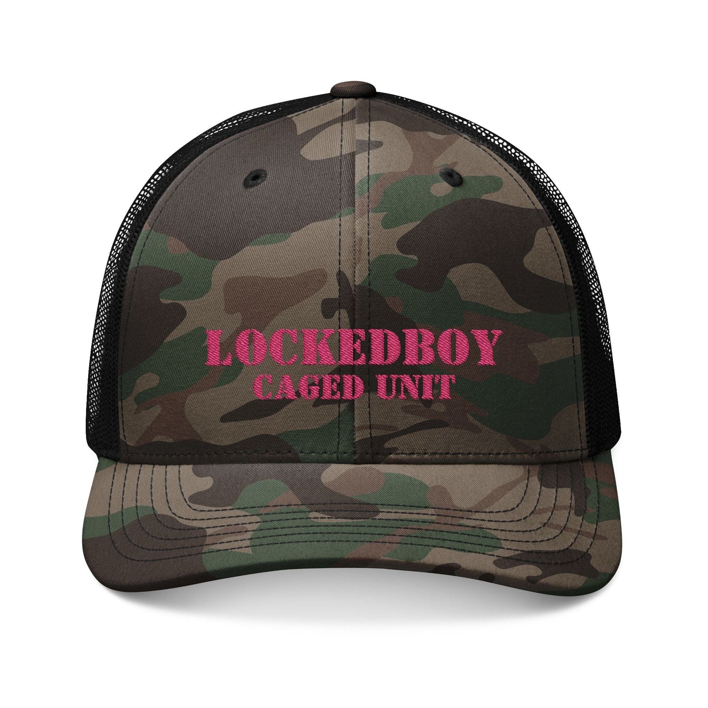 PINK Locktober LockedBoy Caged Unit Camo Snapback Cap – Olive, Brown, and Black Camo Styles Embroidery | Outdoor Adventure Cap, Hunting Gear, Casual Wear, Gift for Dad.
