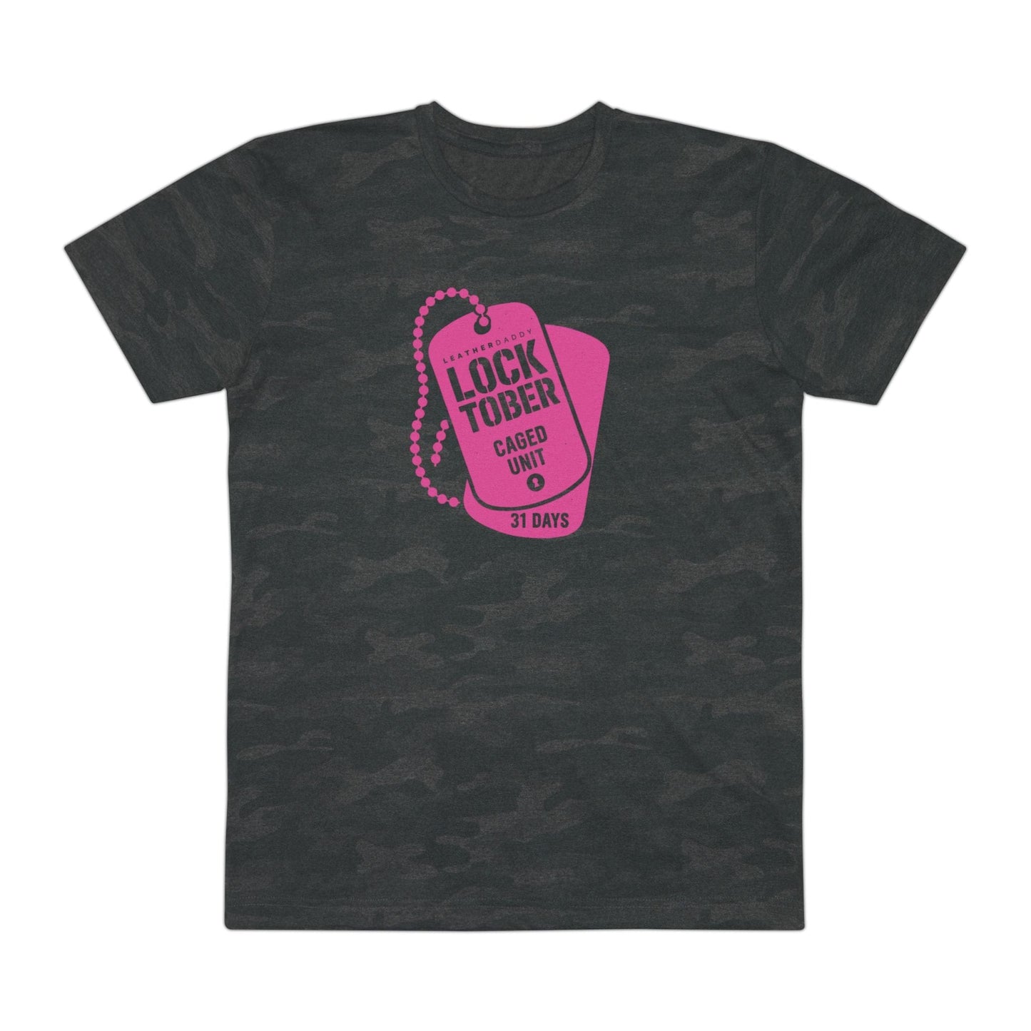 Locktober LockedBoy Caged Unit Camo Dog Tag Tee – Military-Inspired Fetish Streetwear