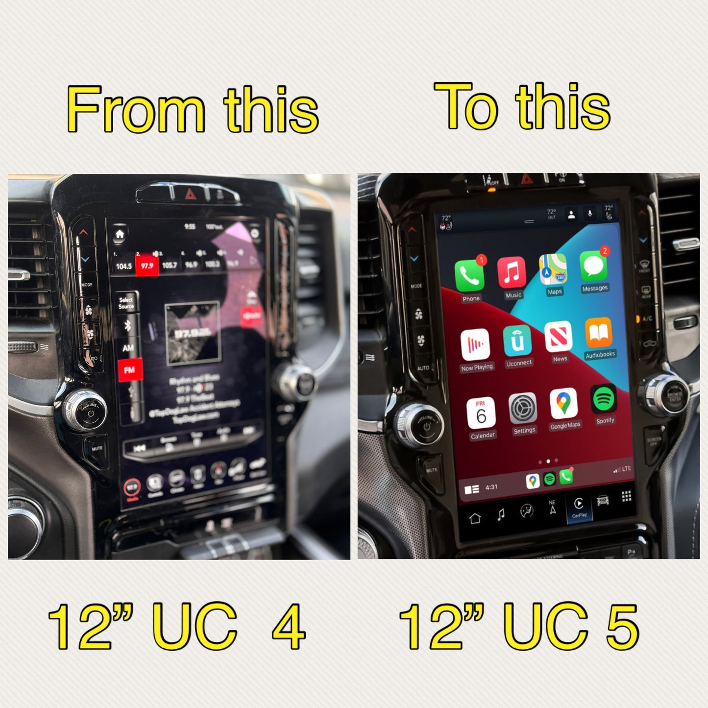 2019–2021 Ram 2500/3500 Uconnect 5 12-Inch Screen Upgrade Kit UBQ – Wireless Apple CarPlay & Android Auto
