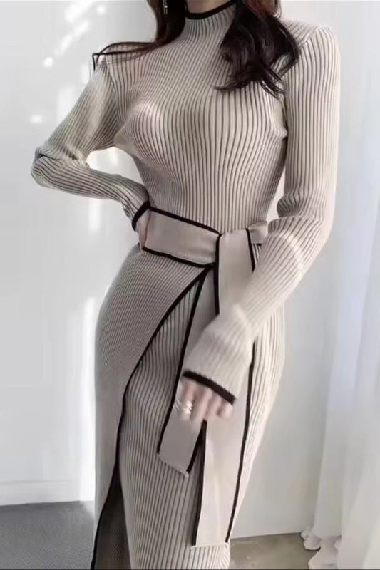 Retro Knitted Bodycon Dress – Women's Korean Fashion Half High Collar Lace Up Elegant Sweater Dress Autumn Winter