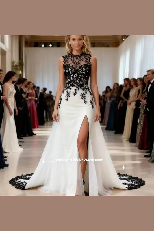 Elegant Black & White Wedding Dress with Detachable Train – Side Slit Lace Appliqué Sleeveless Long Bridal Gown