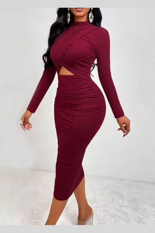 Women's Elegant Claret Ruched French Midi Dress – Round Neck Cross Hollow-Out Spring Cocktail Party Dress