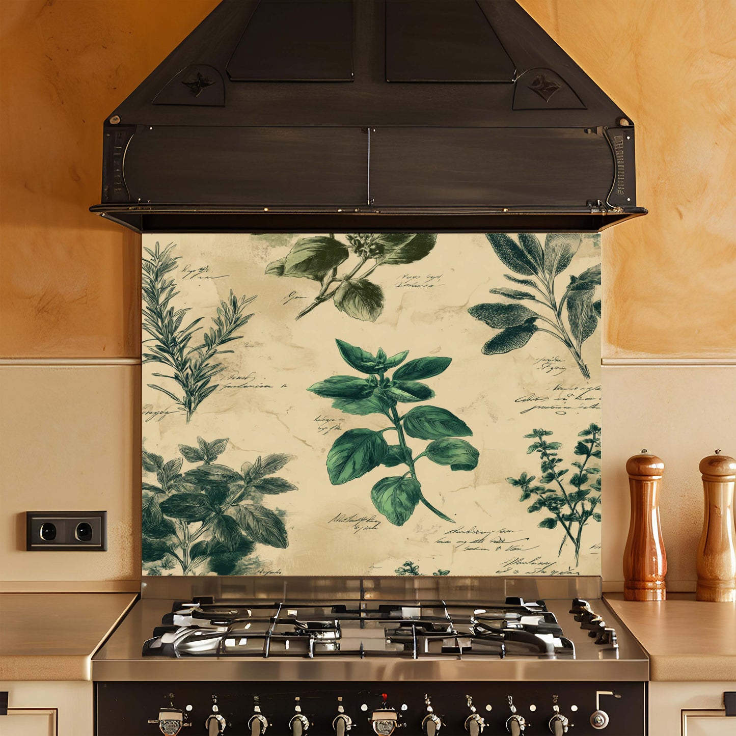 Vintage Herb Tempered Glass Backsplash – Botanical Kitchen Backsplash for Stove
