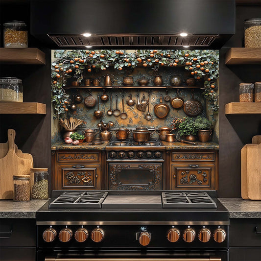 Orchard Hearth – Tempered Glass Backsplash for Kitchen Stove | Copper Look Splashback