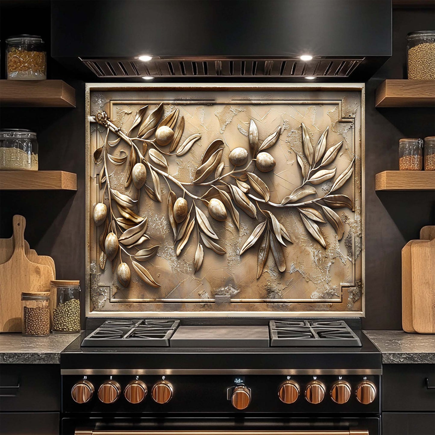 Olive Grace – Tempered Glass Backsplash for Kitchen | Textured Olive Branch Backsplash