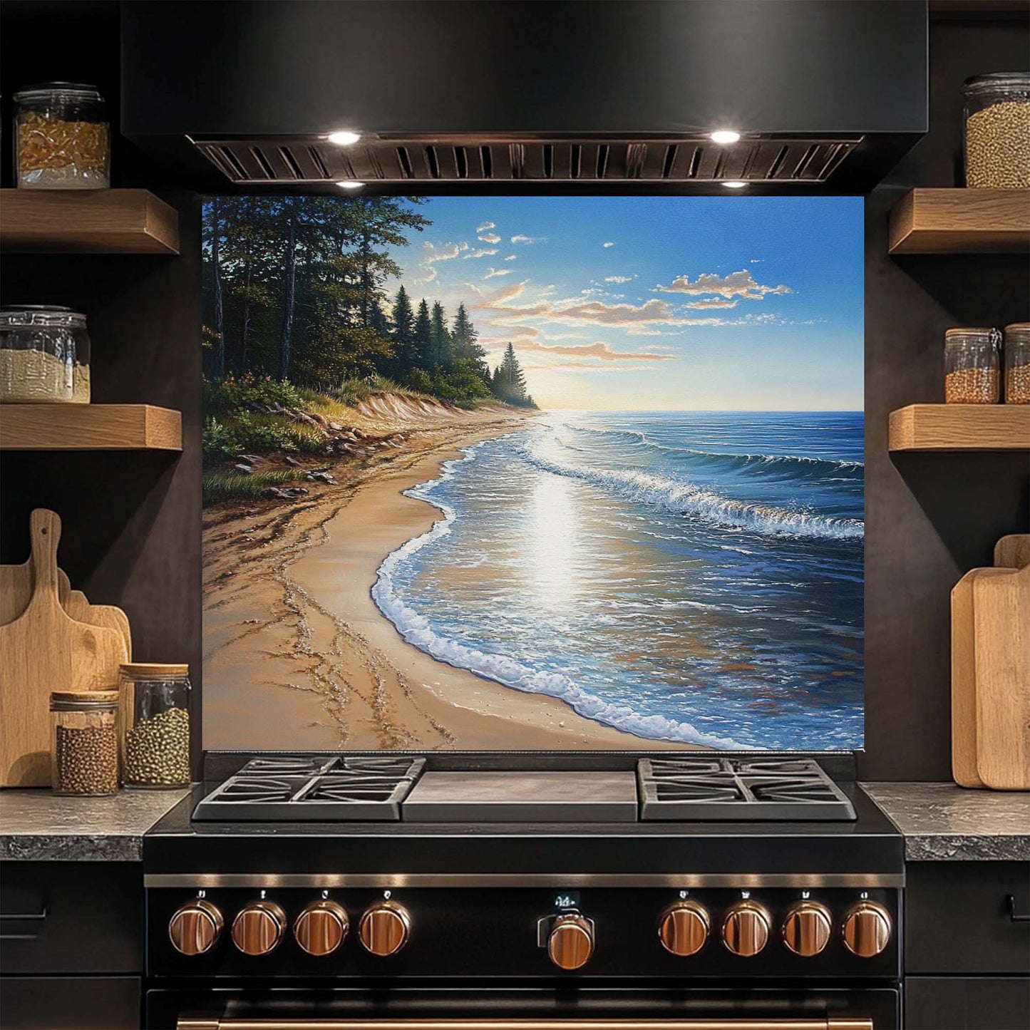 Pine Shore – Tempered Glass Backsplash for Kitchen | Coastal Pine Forest Landscape Backsplash
