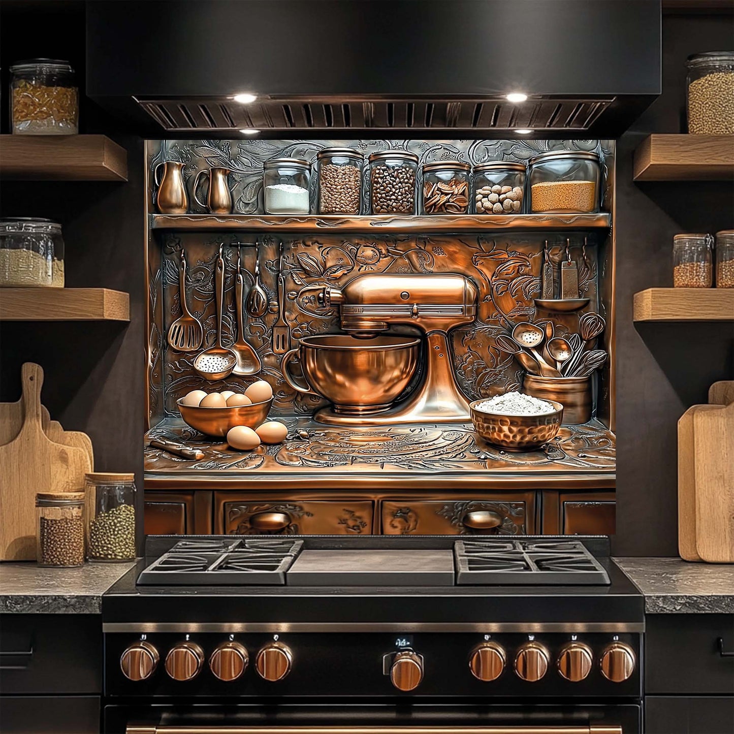 Baker – Tempered Glass Backsplash for Kitchen Stove | Baking Scene in Copper Look