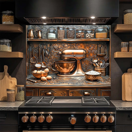 Baker – Tempered Glass Backsplash for Kitchen Stove | Baking Scene in Copper Look