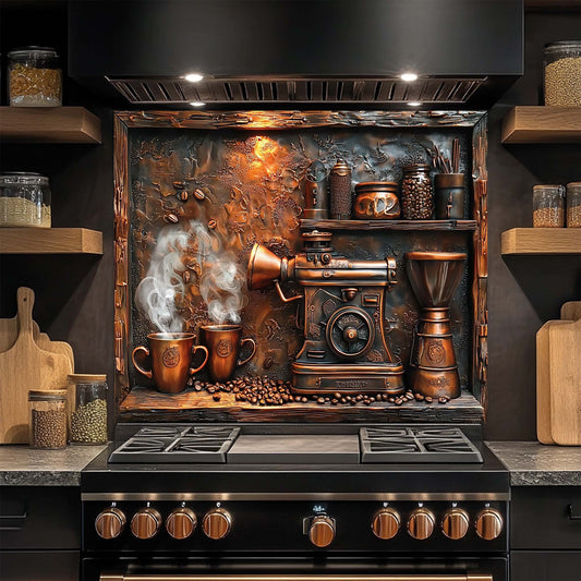 Copper Brew – Tempered Glass Backsplash for Kitchen | Coffee Machine Stove Backsplash