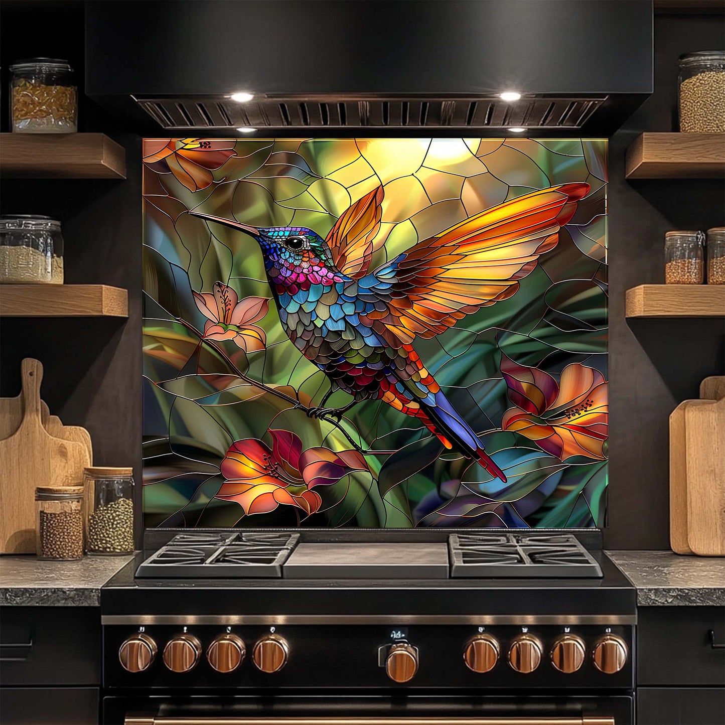 Tropical Hummingbird – Tempered Glass Backsplash for Kitchen | Colorful Bird Backsplash