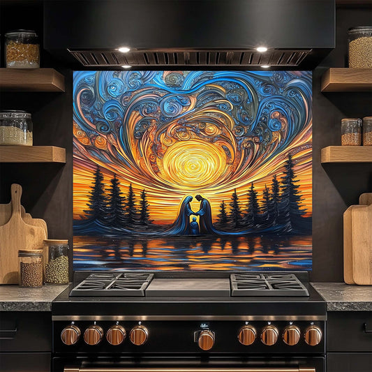 Sacred Light – Tempered Glass Backsplash for Kitchen Stove | Holy Family Sunset Backsplash