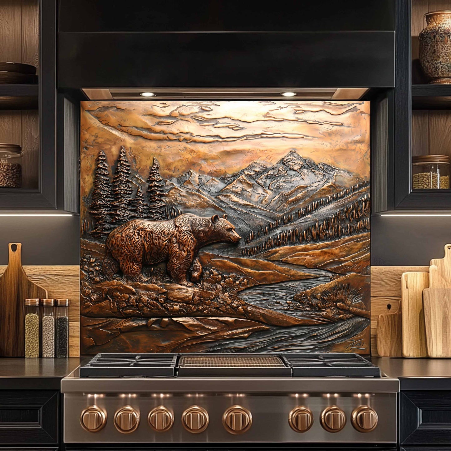 Bronze Grizzly Tempered Glass Backsplash – Mountain Bear Kitchen Backsplash Panel