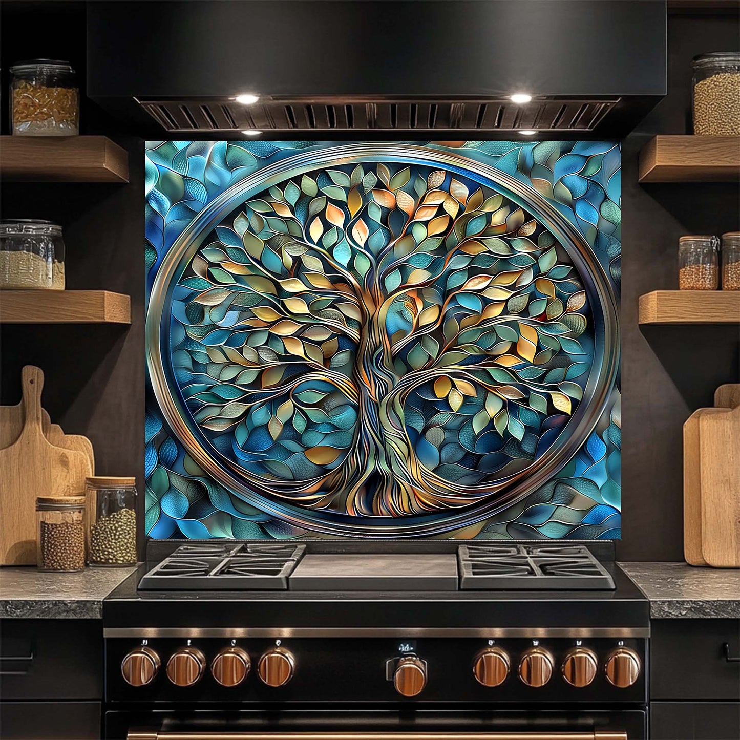 Aqua Roots – Tempered Glass Backsplash for Kitchen Stove | Tree of Life Backsplash
