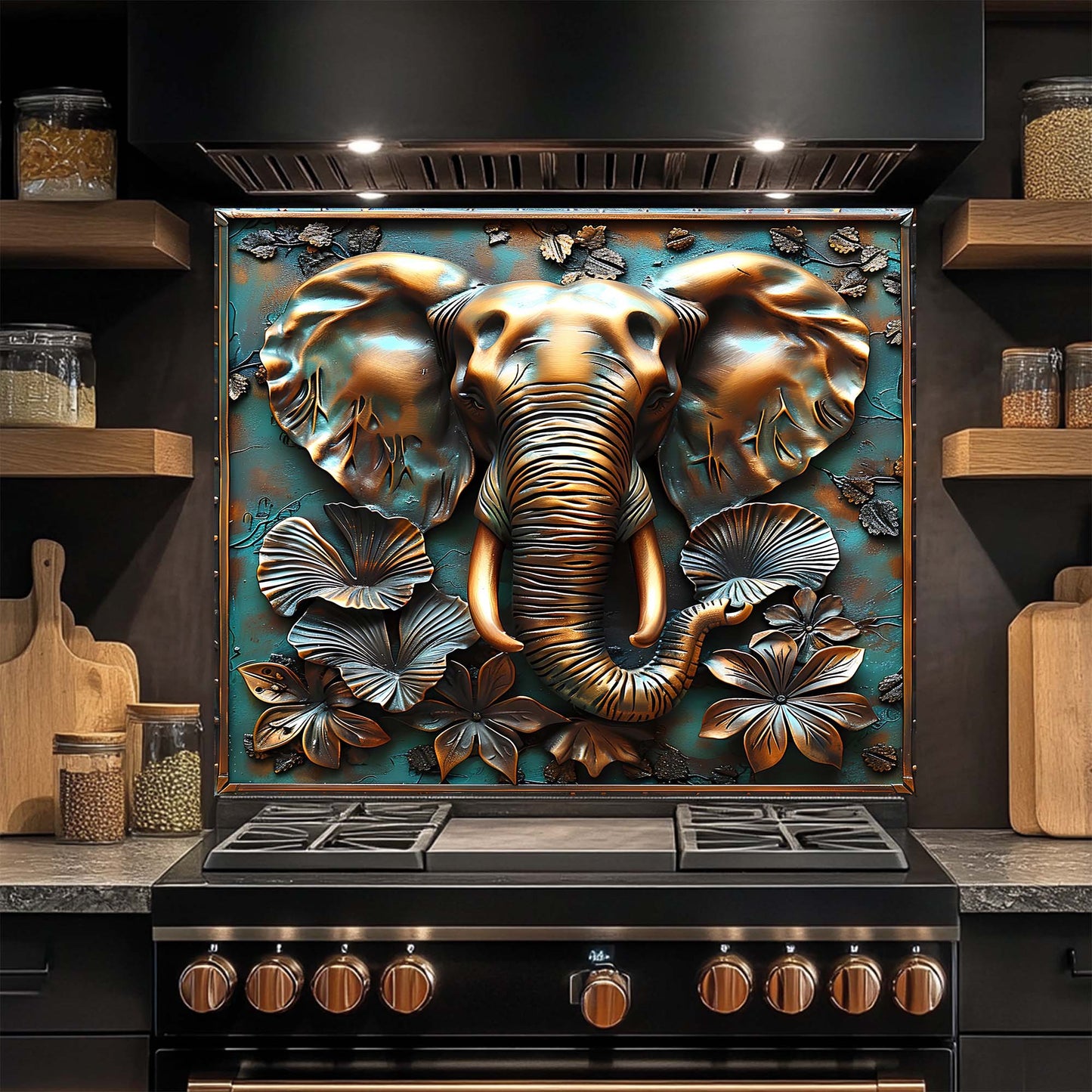 Regal Elephant – Tempered Glass Backsplash for Kitchen | Copper Look Safari Backsplash
