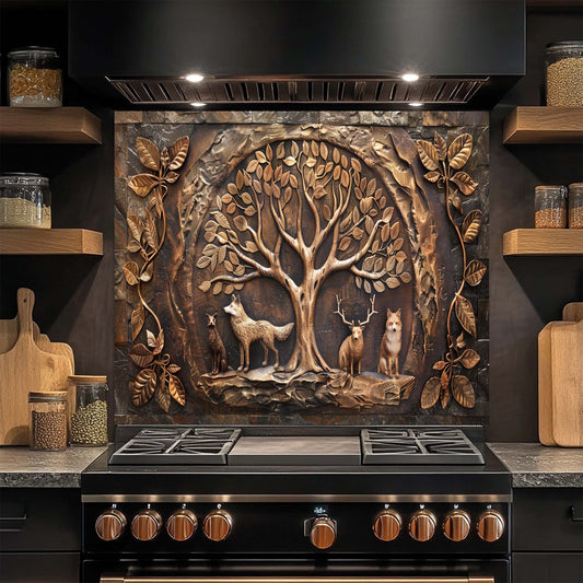 Bronze Den – Tempered Glass Backsplash for Kitchen | Copper Look Tree of Life Backsplash