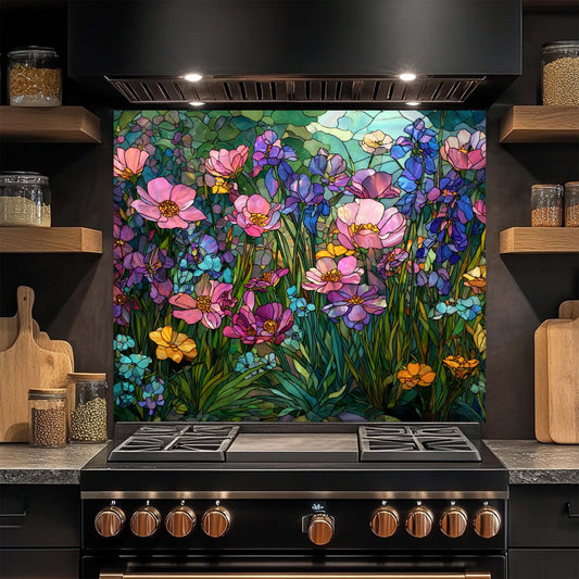 Glass Bloom – Tempered Glass Backsplash for Kitchen Stove | Floral Stained Backsplash