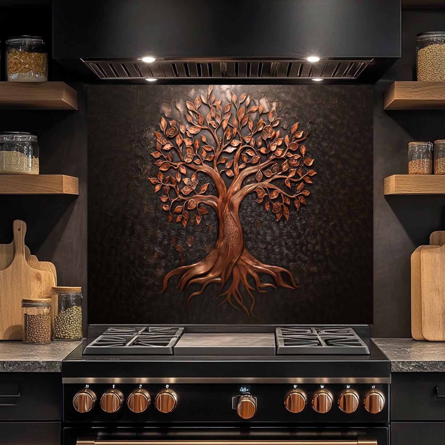 Bronze Tree of Life Tempered Glass Backsplash – Elegant Nature-Inspired Kitchen Art