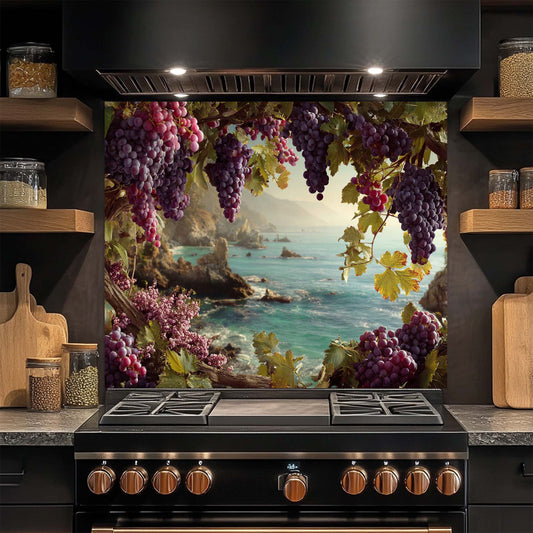 Coastal Grapevine – Tempered Glass Backsplash for Stove | Vineyard Ocean View Backsplash