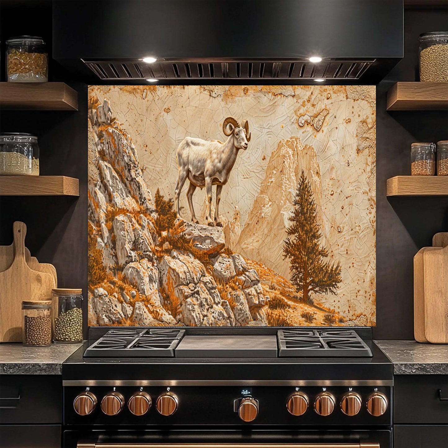 Mountain Pride – Tempered Glass Backsplash for Kitchen | Wild Ram on Rocky Cliff Backsplash