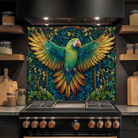 Verdant Flight – Tempered Glass Backsplash for Kitchen Stove | Parrot Mosaic Backsplash
