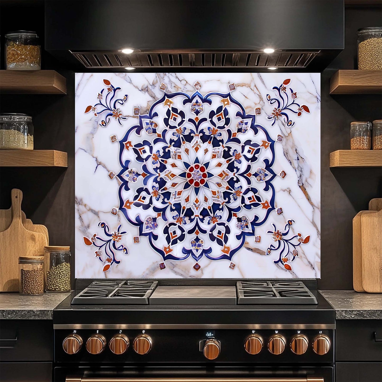 Imperial Mosaic – Tempered Glass Backsplash for Kitchen – Blue & Gold Mandala Splashback