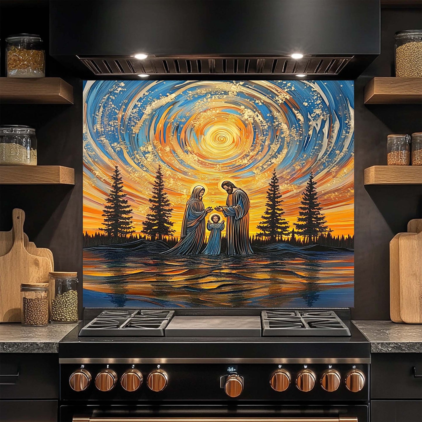 Divine Harmony – Tempered Glass Backsplash for Kitchen Stove | Holy Family Sunset Scene