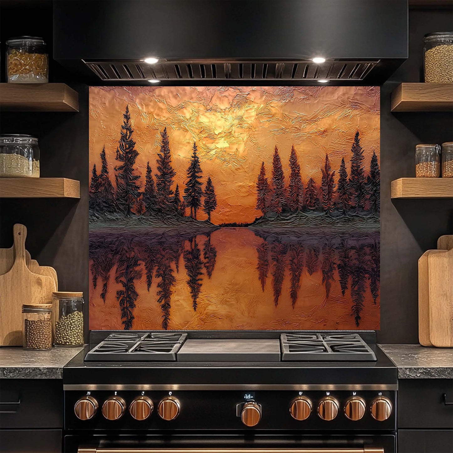 Sunset Reflection – Tempered Glass Backsplash for Kitchen – Copper Look Glass Backsplash