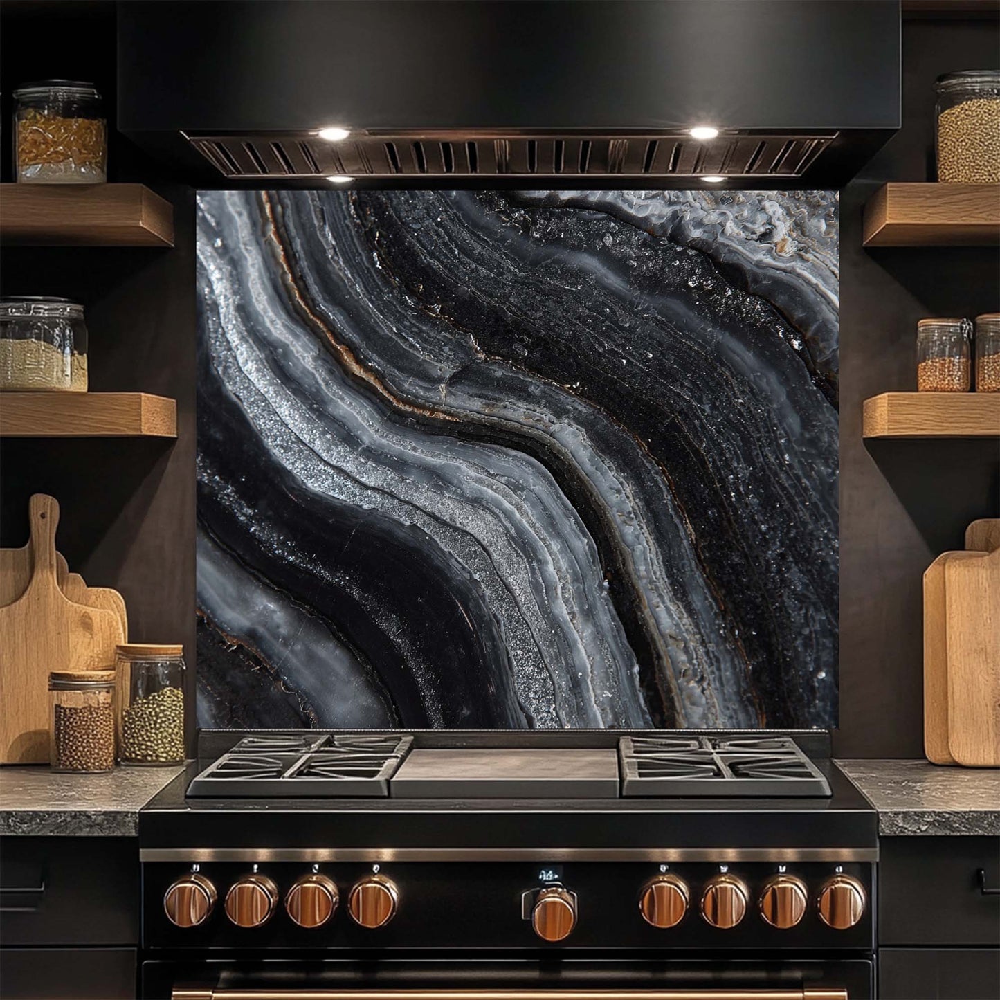 Obsidian Veins – Tempered Glass Backsplash for Kitchen | Luxe Monochrome Backsplash