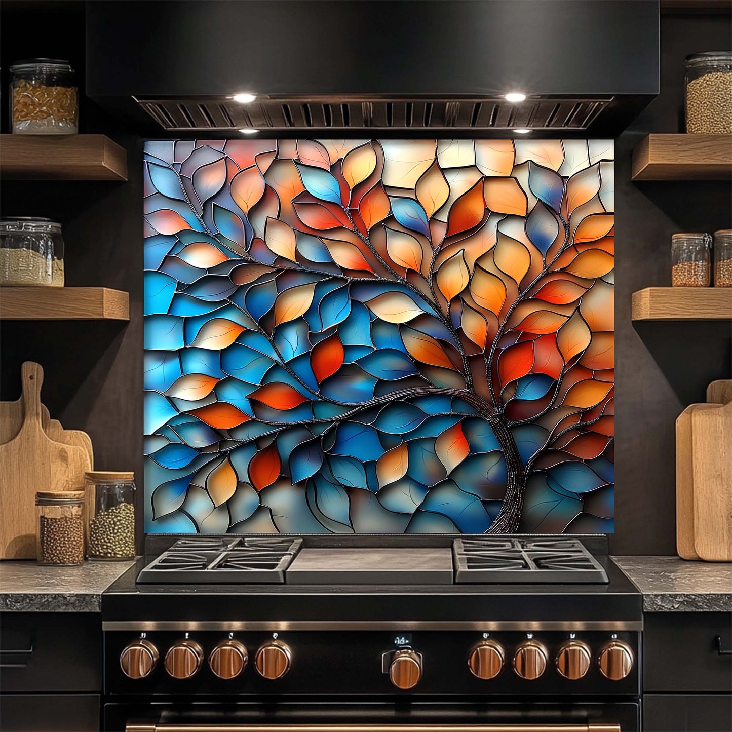 Aurora Branches – Tempered Glass Backsplash for Kitchen Stove | Colorful Abstract Backsplash