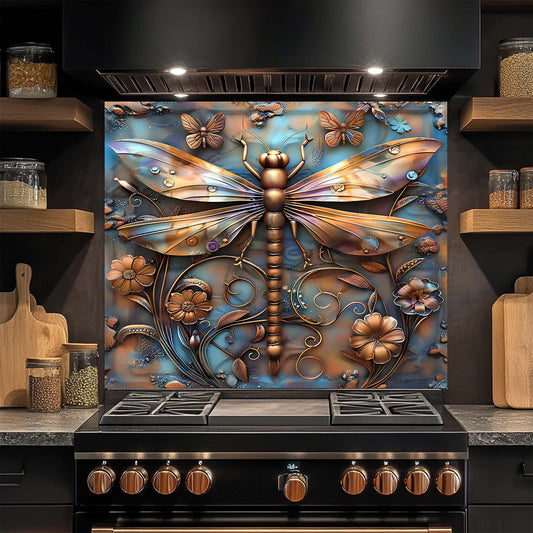 Golden Flight – Tempered Glass Backsplash for Stove | Dragonfly Copper Look Backsplash