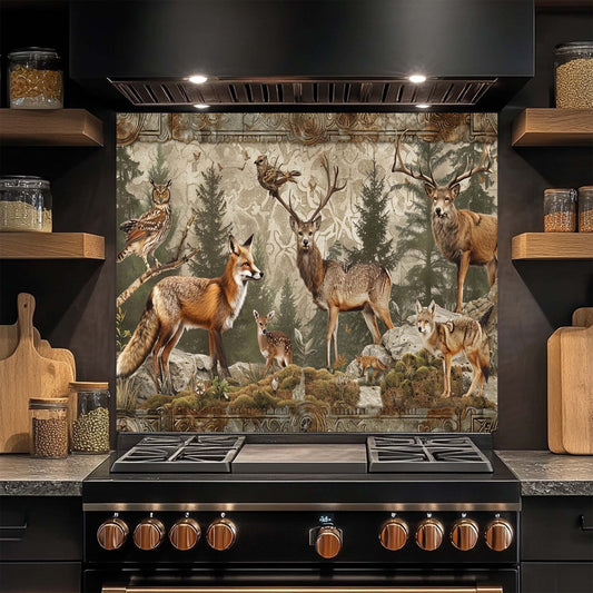 Forest Council – Tempered Glass Backsplash for Kitchen | Deer, Fox, Owl Scene Backsplash