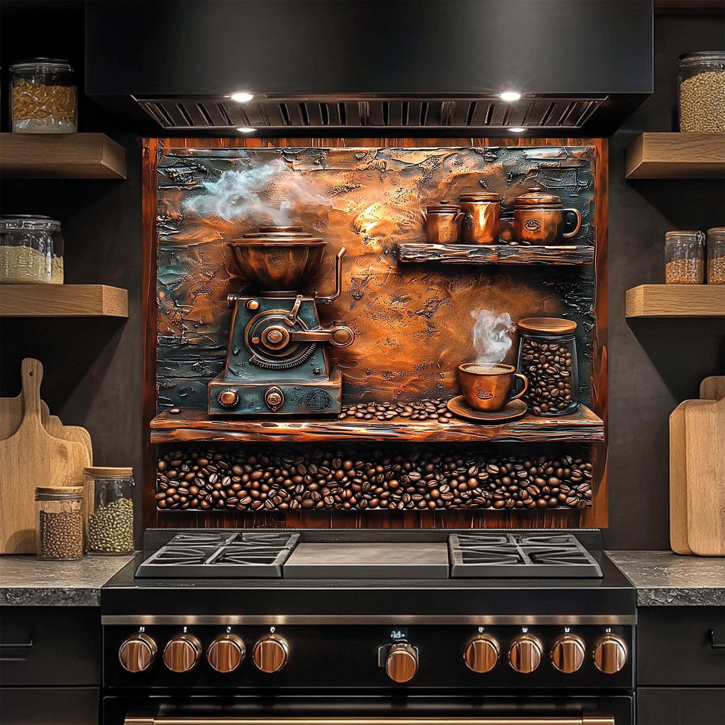 Brew & Beans – Tempered Glass Backsplash for Kitchen | Coffee Grinder Stove Backsplash