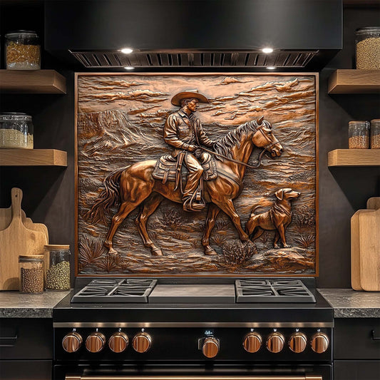Desert Trail – Tempered Glass Backsplash with Cowboy and Dog | Western Backsplash