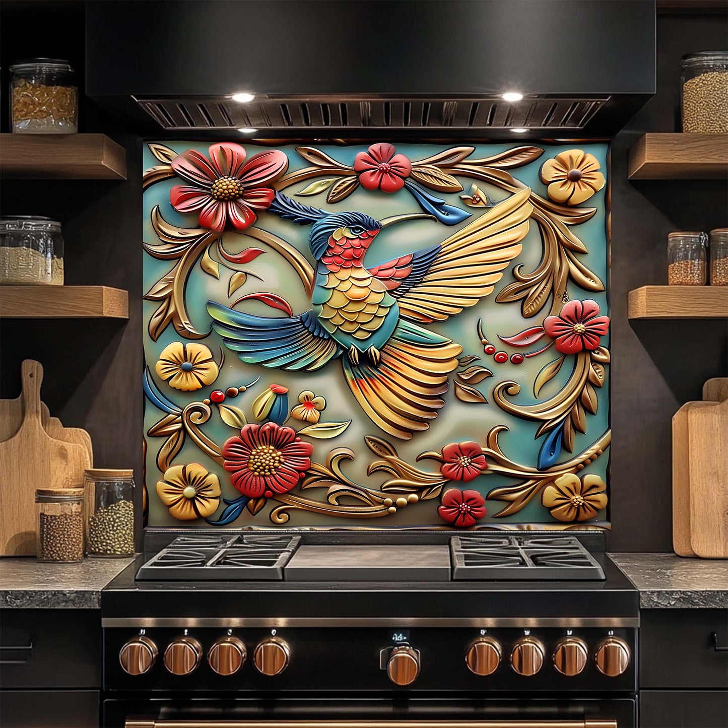 Feathered Rhapsody Tempered Glass Backsplash – Vibrant Bird & Floral Kitchen Backsplash