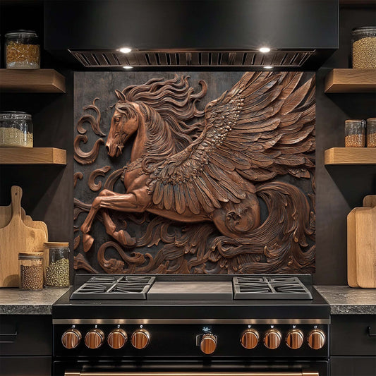 Copper Pegasus – Tempered Glass Backsplash for Kitchen Stove | Winged Horse Backsplash