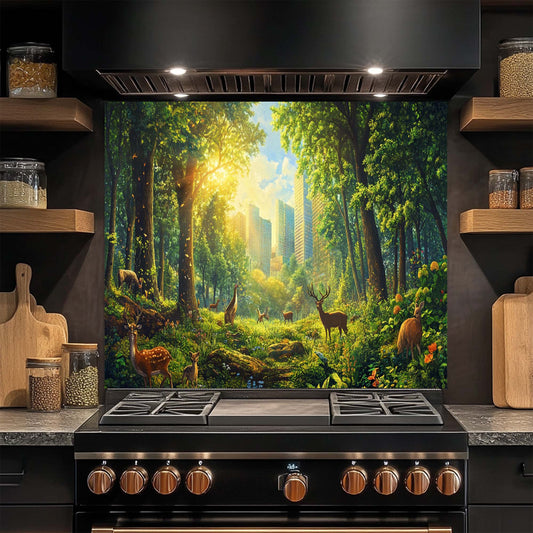 Urban Eden – Tempered Glass Backsplash for Kitchen | Nature & Urban Contrast Backsplash