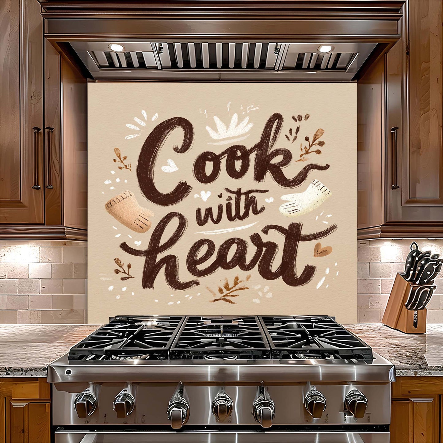 Cook with Heart – Tempered Glass Backsplash for Kitchen – Rustic Kitchen Quote Splashback