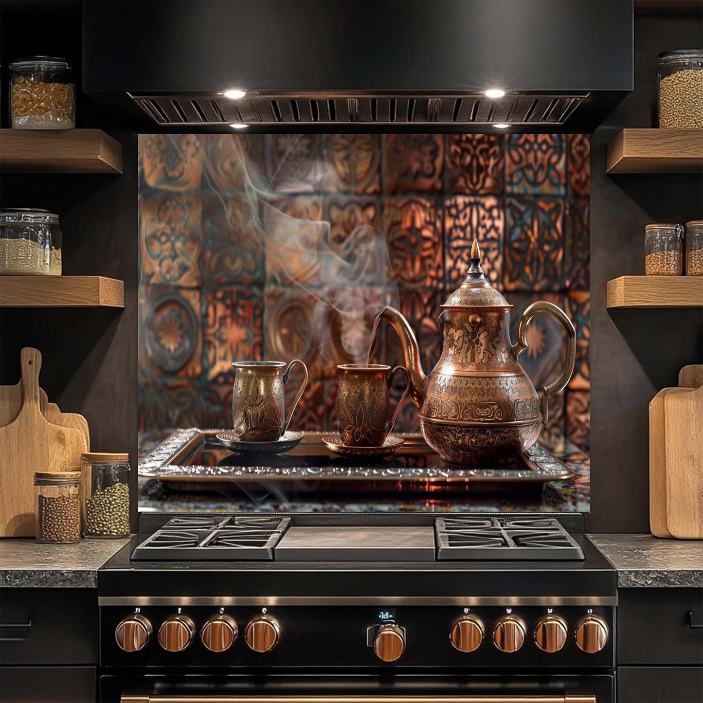 Copper Coffee Ritual – Tempered Glass Backsplash | Turkish Coffee Set Kitchen Backsplash
