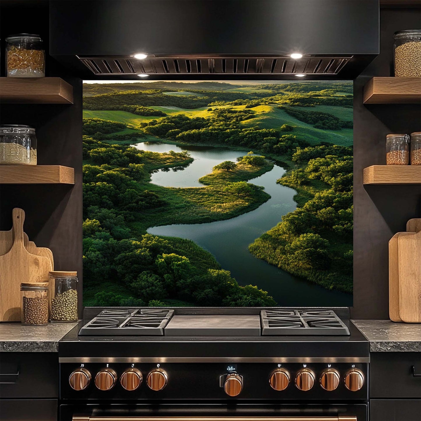 Emerald Flow – Tempered Glass Backsplash for Kitchen | Serene River Landscape Backsplash