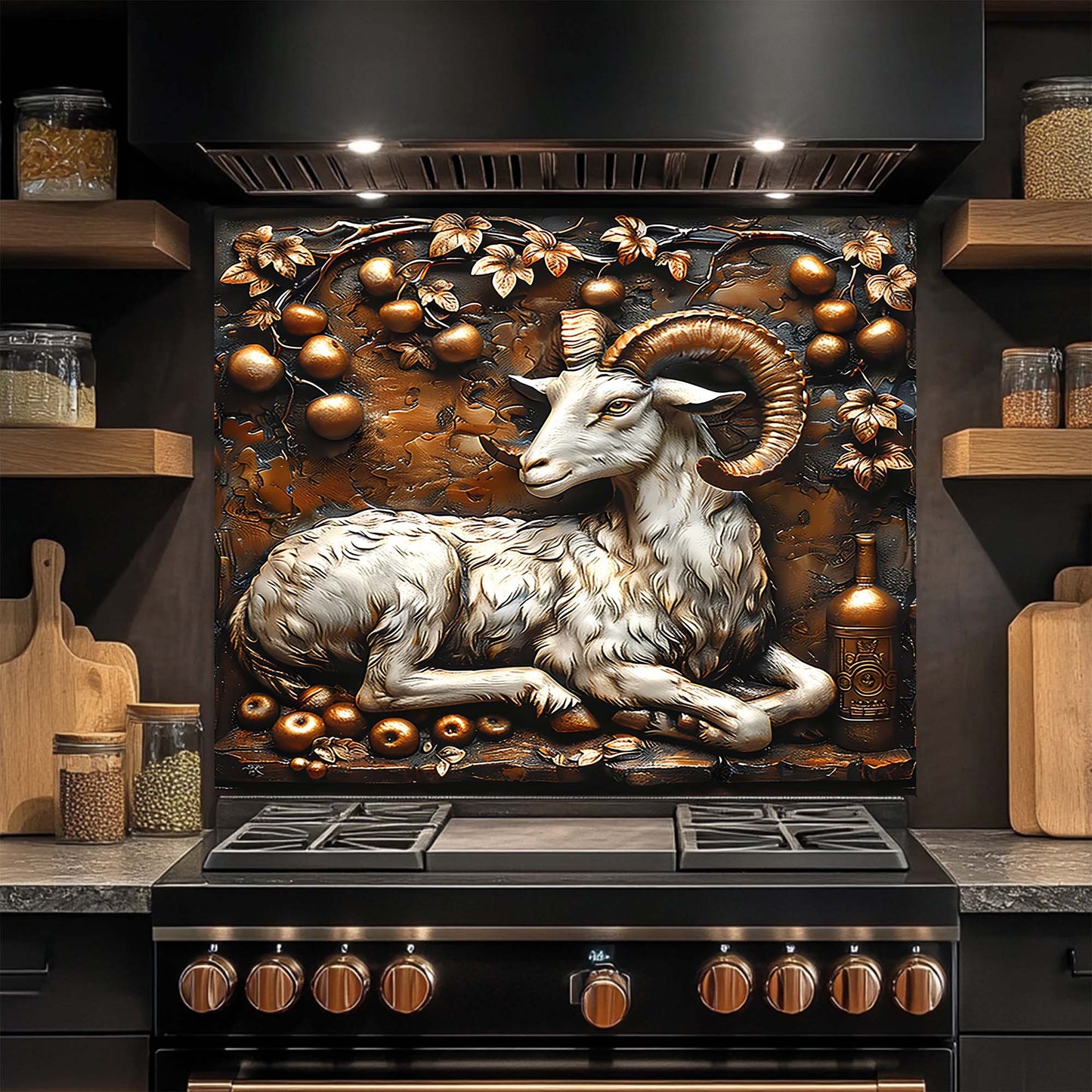 Golden Ram – Tempered Glass Backsplash for Kitchen Stove | Copper Look Ram Backsplash