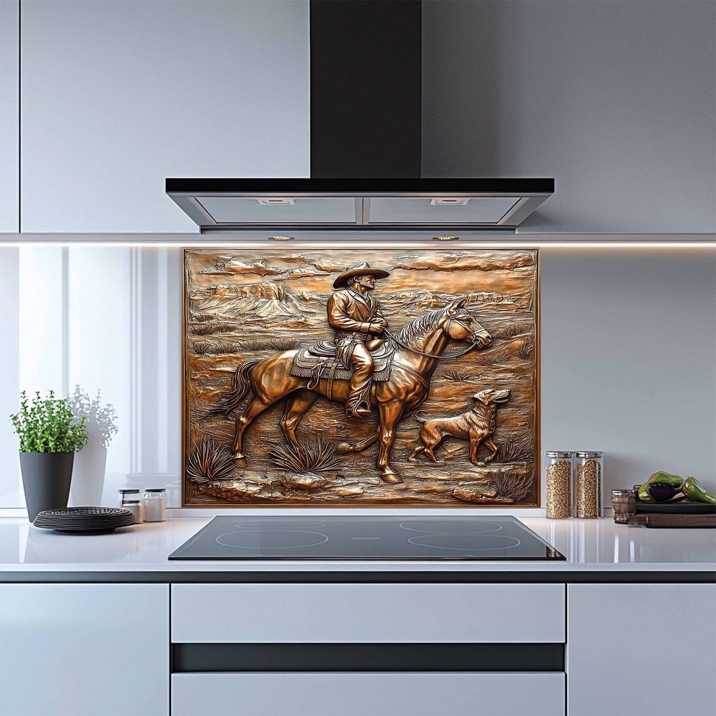 Copper Look Cowboy Tempered Glass Backsplash – Western Kitchen Backsplash for Stove