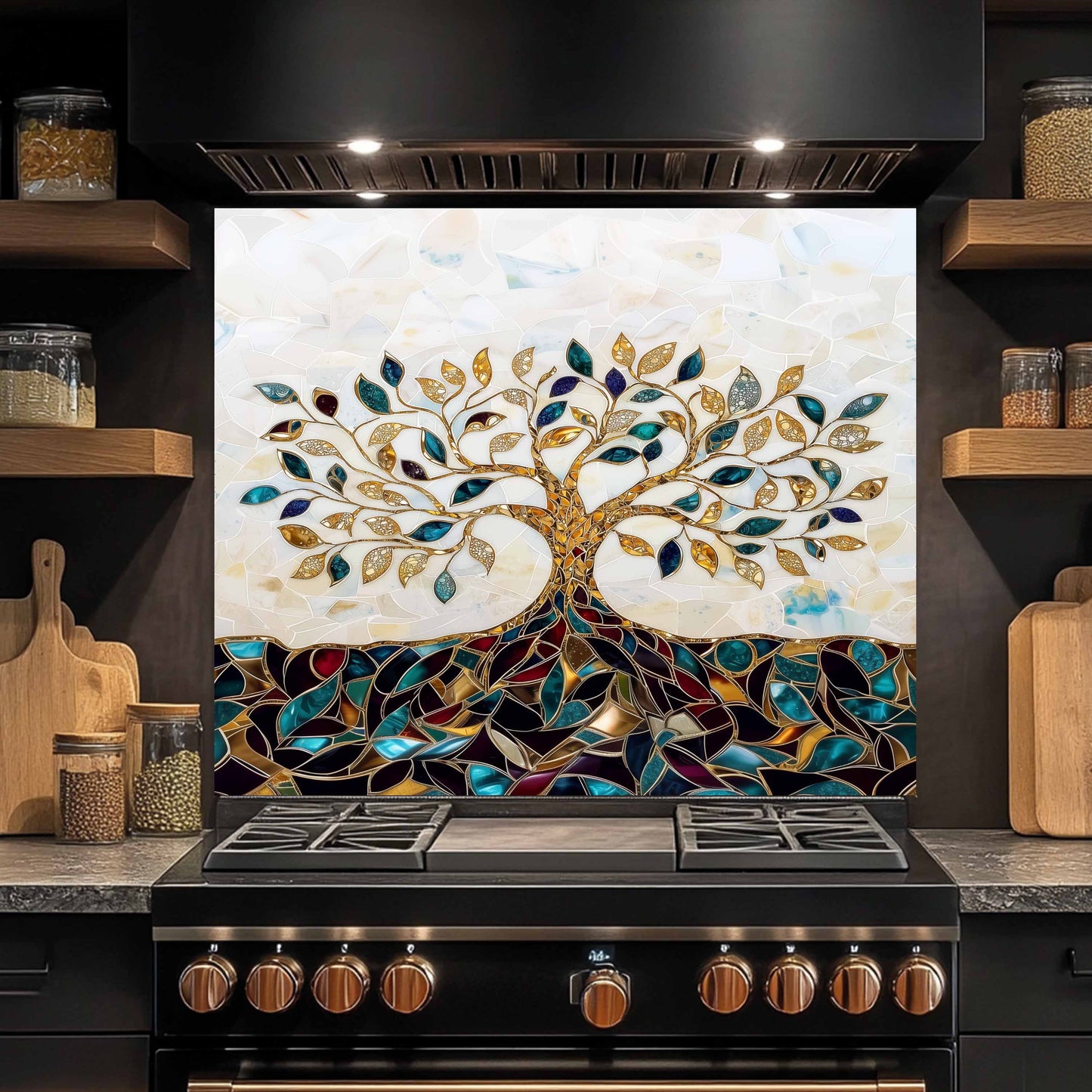 Custom Kitchen Backsplash – Gem Roots Tempered Glass Stove Backsplash