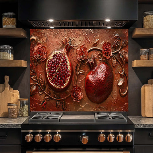 Crimson Bloom – Tempered Glass Backsplash | Rich Red Pomegranate Kitchen Backsplash
