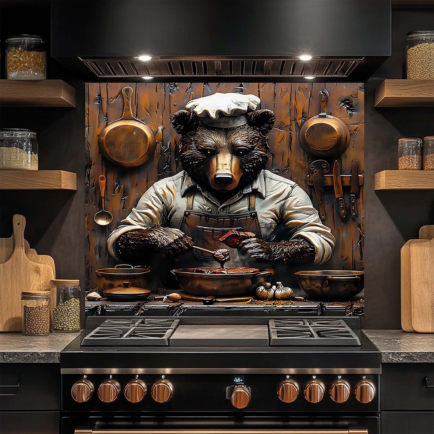 Chef Bear – Tempered Glass Backsplash for Kitchen Stove | Rustic Cooking Animal Backsplash