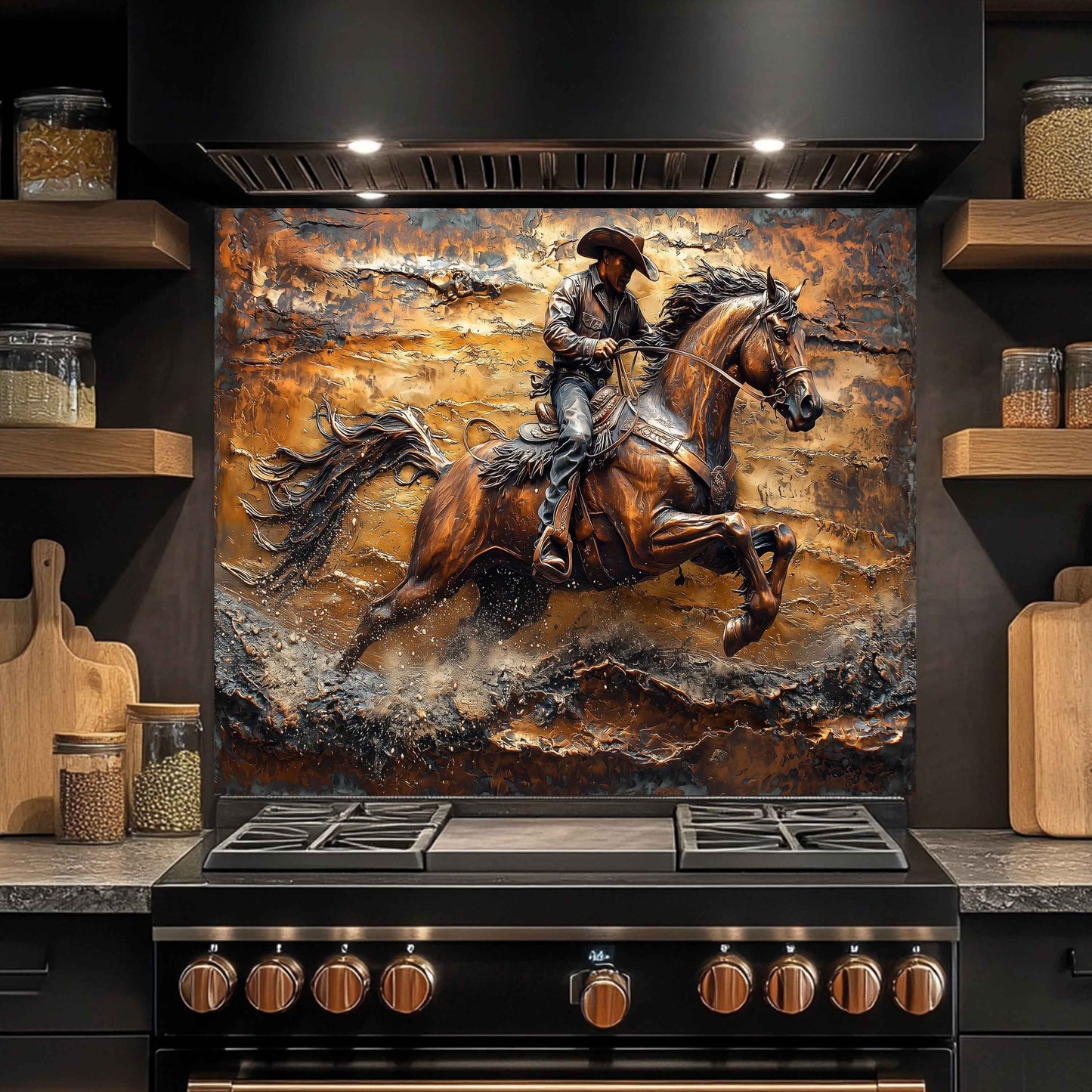 Tempered Glass Backsplash for Kitchen | Copper-Look Cowboy Galloping in Desert
