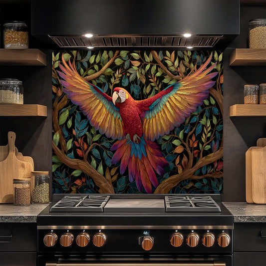 Crimson Wings – Tempered Glass Backsplash for Kitchen Stove | Parrot Jungle Backsplash