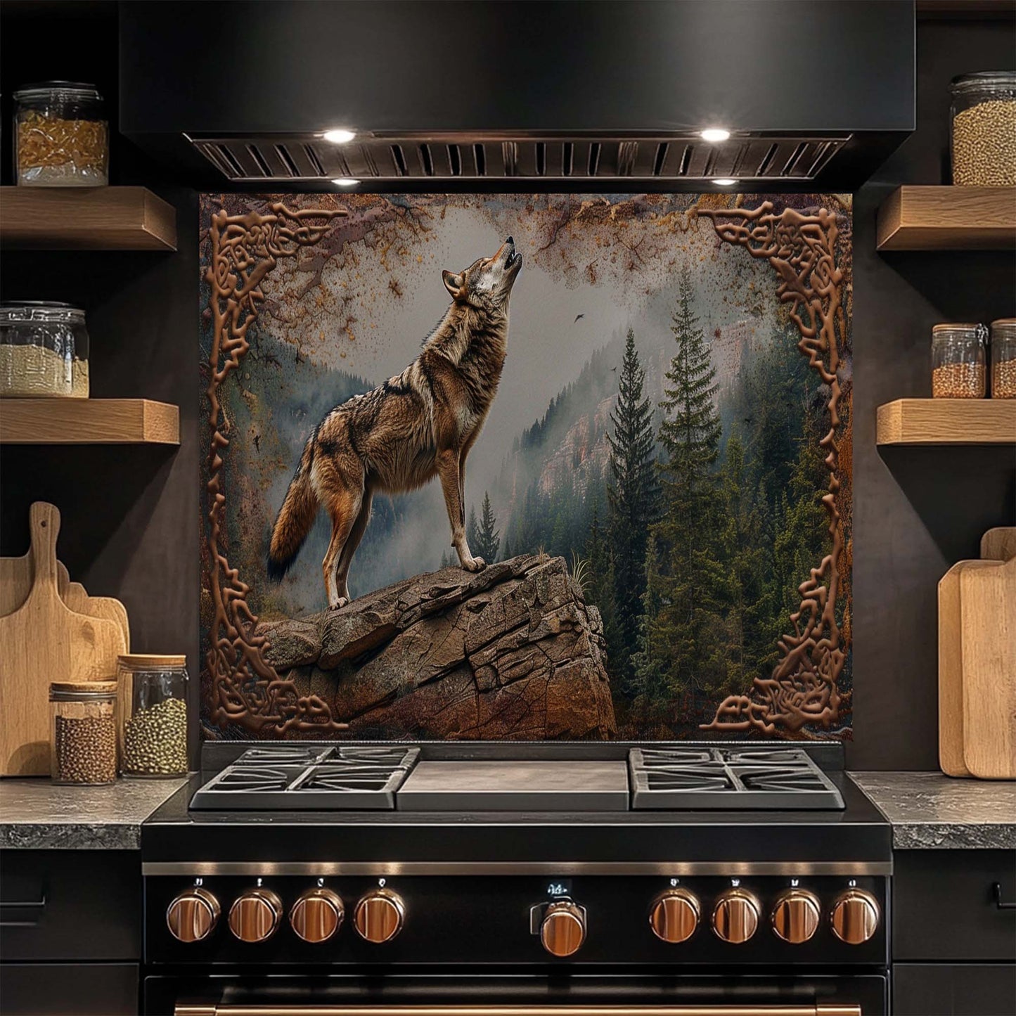 Howl Spirit – Tempered Glass Backsplash for Kitchen | Wolf and Forest Landscape Backsplash