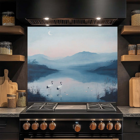Moon Cranes – Tempered Glass Backsplash for Kitchen | Serene Lake Landscape Backsplash