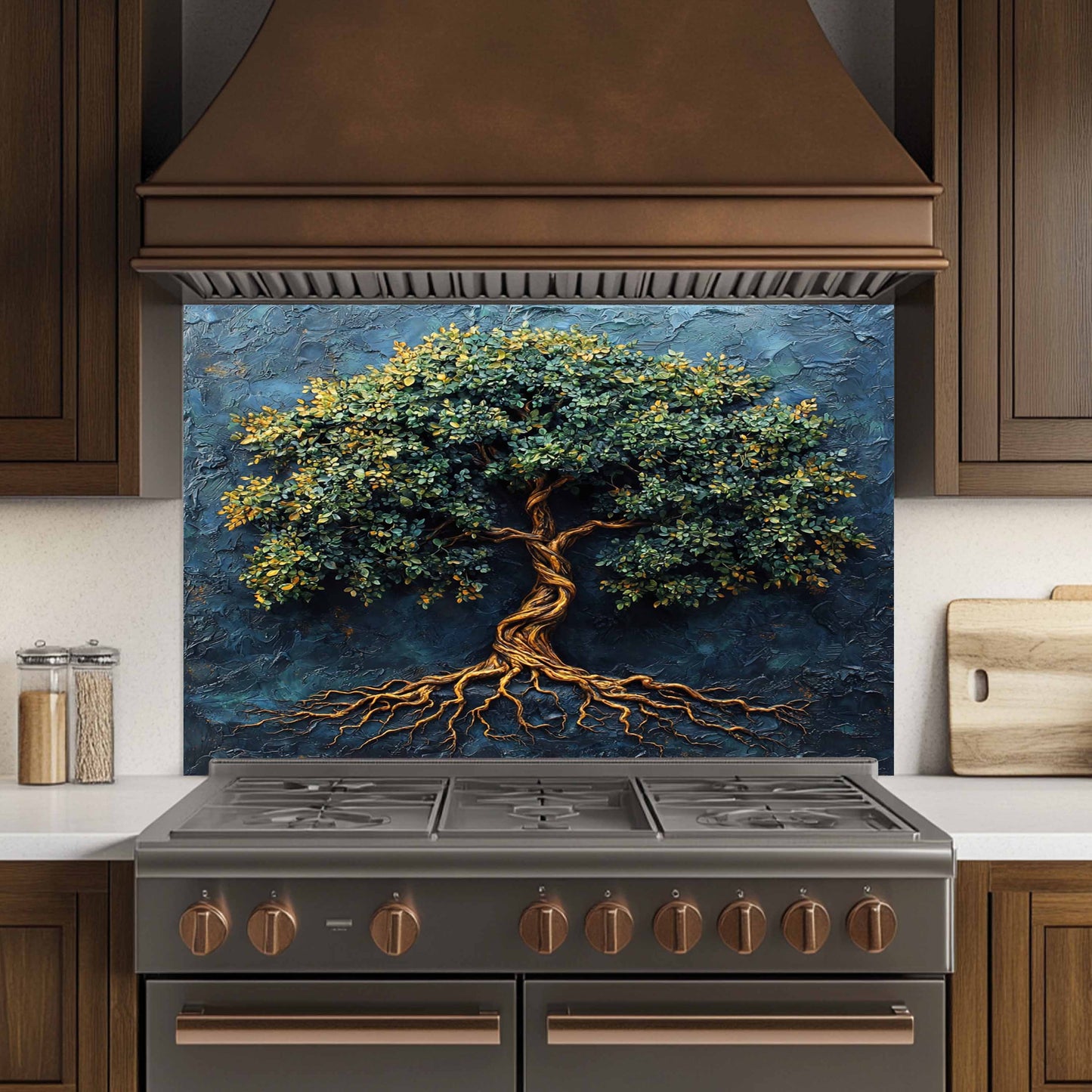 Blue Tree of Life Tempered Glass Backsplash – Kitchen Stove Backsplash