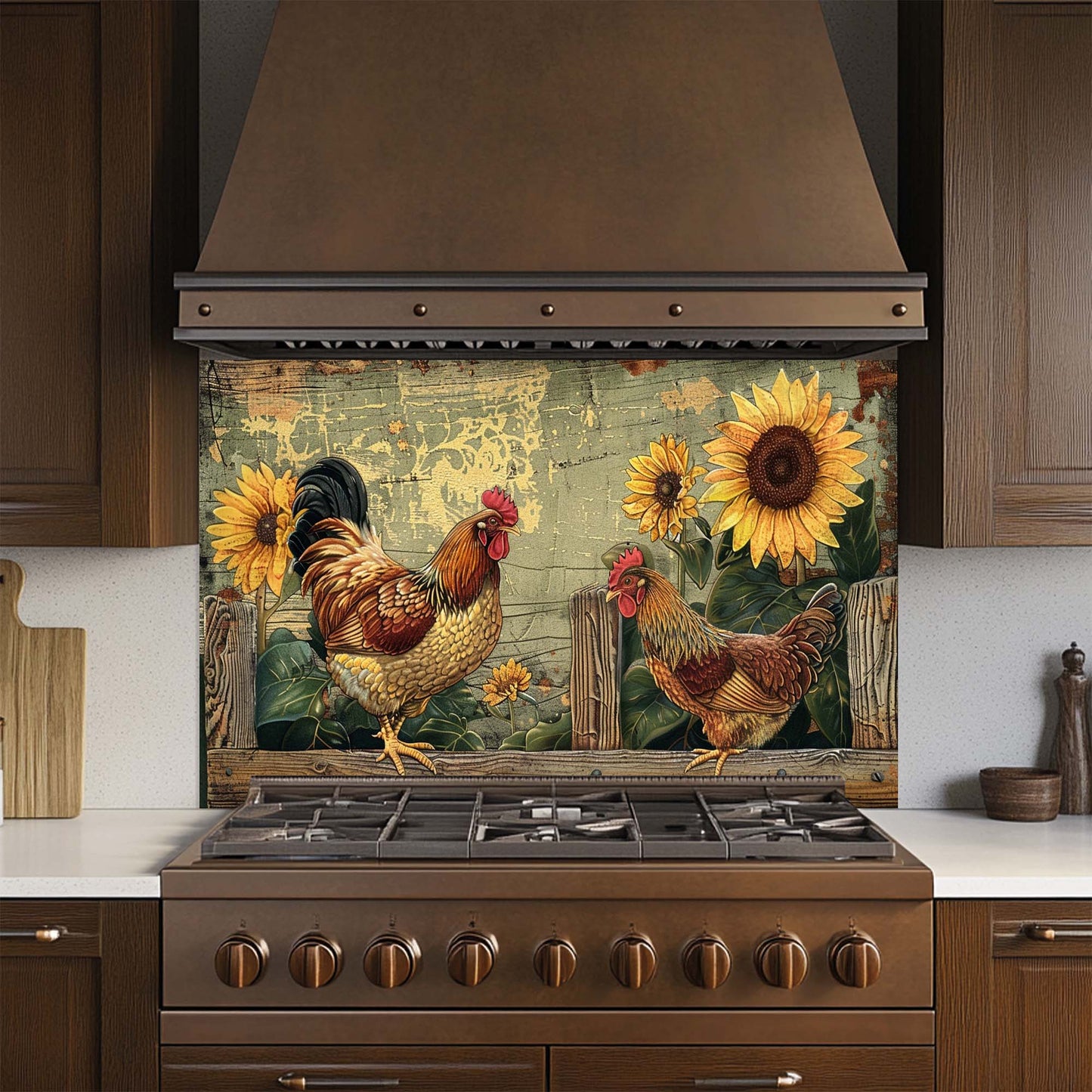 Sunny Roosters – Tempered Glass Backsplash | Farmhouse Chicken & Sunflower Backsplash